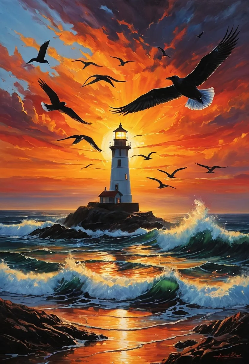 Generate a mesmerizing seascape painting capturing the essence of a cinematic sunset. The canvas is ablaze with a vivid palette of fiery orange, yellow, and black hues, masterfully blended to convey the dramatic beauty of the setting sun. Streaks of brilliant light radiate from the horizon, casting a warm, ethereal glow over the entire scene. The sea below mirrors the sky's vibrant colors, with gentle waves crashing against the shore in a symphony of motion and color. Silhouettes of majestic birds, likely seagulls, soar gracefully across the canvas, their dark forms stark against the awe-inspiring backdrop. In the distance, a majestic lighthouse stands tall and proud, its beacon of light cutting through the darkness, symbolizing hope and guidance amidst the breathtaking, cinematic landscape.