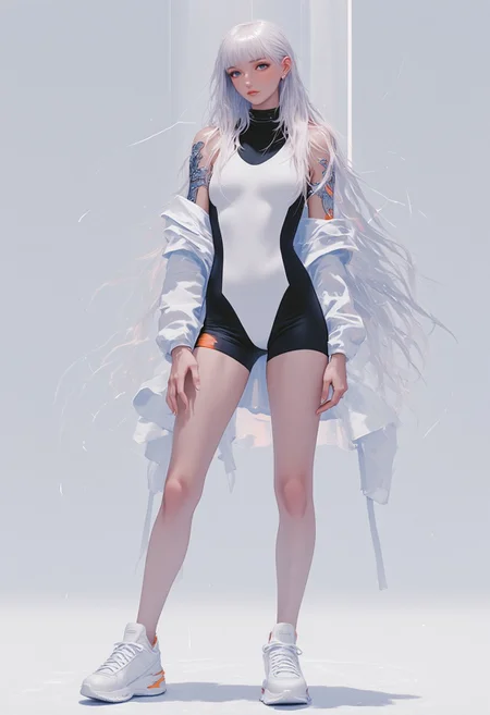 HD, 8K quality, ultra-detailed, futuristic digital illustration of a slender, female character exuding confidence and readiness for action. She wears a sleek white bodysuit with black accents and orange details, enhanced with chrome silver plates on her shoulders, arms, and thighs. These reflective, mirror-like plates contrast with the smooth bodysuit, adding a bold, armored look. Her long white hair peeks from under a hooded white jacket with a high collar, while a black crop top is visible underneath. The outfit is intricately panelled, emphasizing a cyberpunk, tech-inspired style. She stands in a powerful pose, left hand on her hip, right gripping a futuristic device. Her white sneakers, designed with chunky layers and rugged texture, complete the modern look. The character’s expression is serious, with a focused, determined gaze, ready for action. The background is minimalist gray, allowing her high-tech attire and reflective chrome plates to stand out. The semi-realistic rendering highlights the textures, from the sheen of the bodysuit to the polished chrome, rugged sneakers, and sleek backpack. The polished chrome plates capture light, giving the character a dynamic, futuristic appearance, preparing for any challenge in this cyberpunk-inspired world.