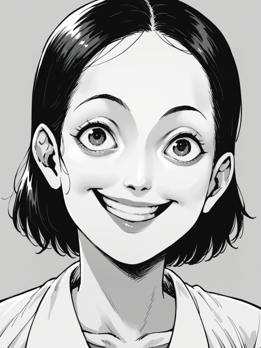 score_9, score_8_up, score_7_up, score_6_up,  <lora:junj11t0XLP:1> junj11t0, junji ito, monochrome, manga, 1girl, smile