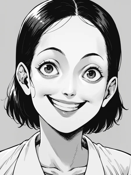 score_9, score_8_up, score_7_up, score_6_up, <lora:junj11t0XLP:1> junj11t0, junji ito, monochrome, manga, 1girl, smile