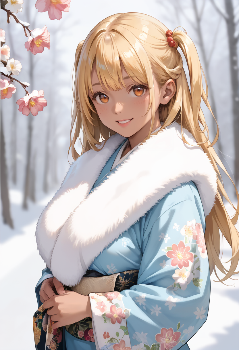 score_9, score_8_up, score_7_up,source_anime, masterpiece, best quality, perfect anatomy, very aesthetic, ((outlined outlined vector graphics)), cute face, (glow eyes:0.8), ,  looking at viewer  ,beautiful scenery,1girl,25yo, (focus female),  
20yo, (large breast:1.2), orange eyes, (blonde hair:1.3),long hair, (two side up:1.1), (dark skin:1.6), dark skin girl, (tall:1.2),bangs
, white fur ,  blue kimono, furisode, furisode-with-fur , smile beam ,  open eyes , clothed,winter   , flowers , floral pattern <lora:furisode-with-fur-pony-01:1>