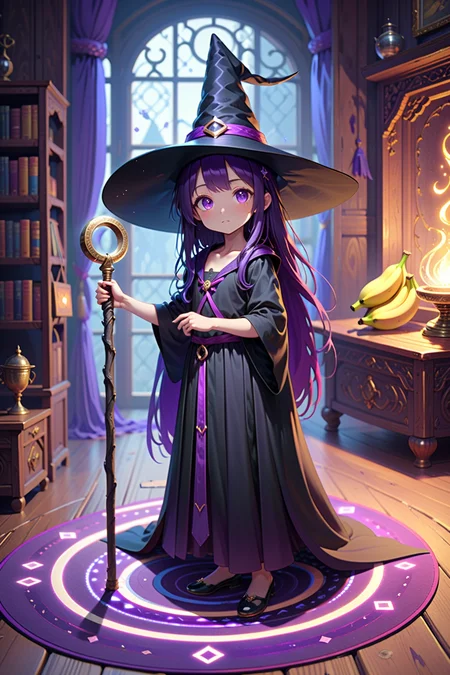 4 years old witch girl, standing, living room, (magic circle on the floor:1.3), side view, long dark purple hair, purple eyes, vertical pupils, big black witch hat, magic staff, banana on the floor,