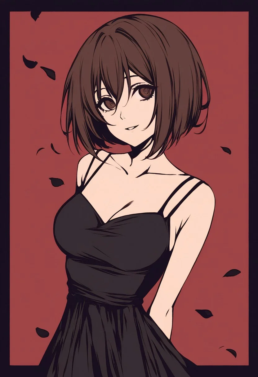 chane laforet, baccano!, 1girl, arms behind back, bare shoulders, black border, black dress, black flower, black rose, bob cut, border, breasts, brown eyes, brown hair, collarbone, corsage, dress, dress flower, eyelashes, falling petals, flower, hair between eyes, high contrast, looking at viewer, medium breasts, outside border, parted lips, petals, red petals, rose, short hair, sleeveless, sleeveless dress, smile, solo, spaghetti strap, standing, turning head, upper body