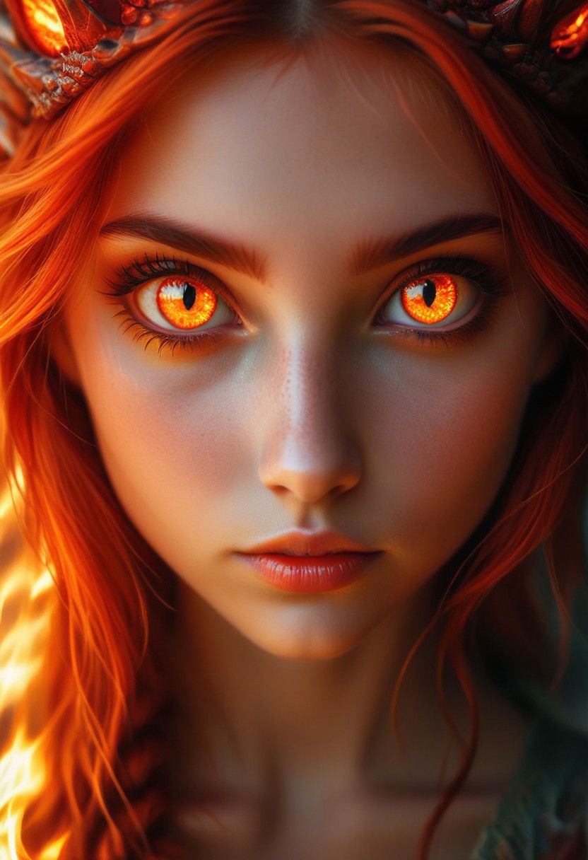 cute girl with fire bright  dragon eyes , intense gaze,