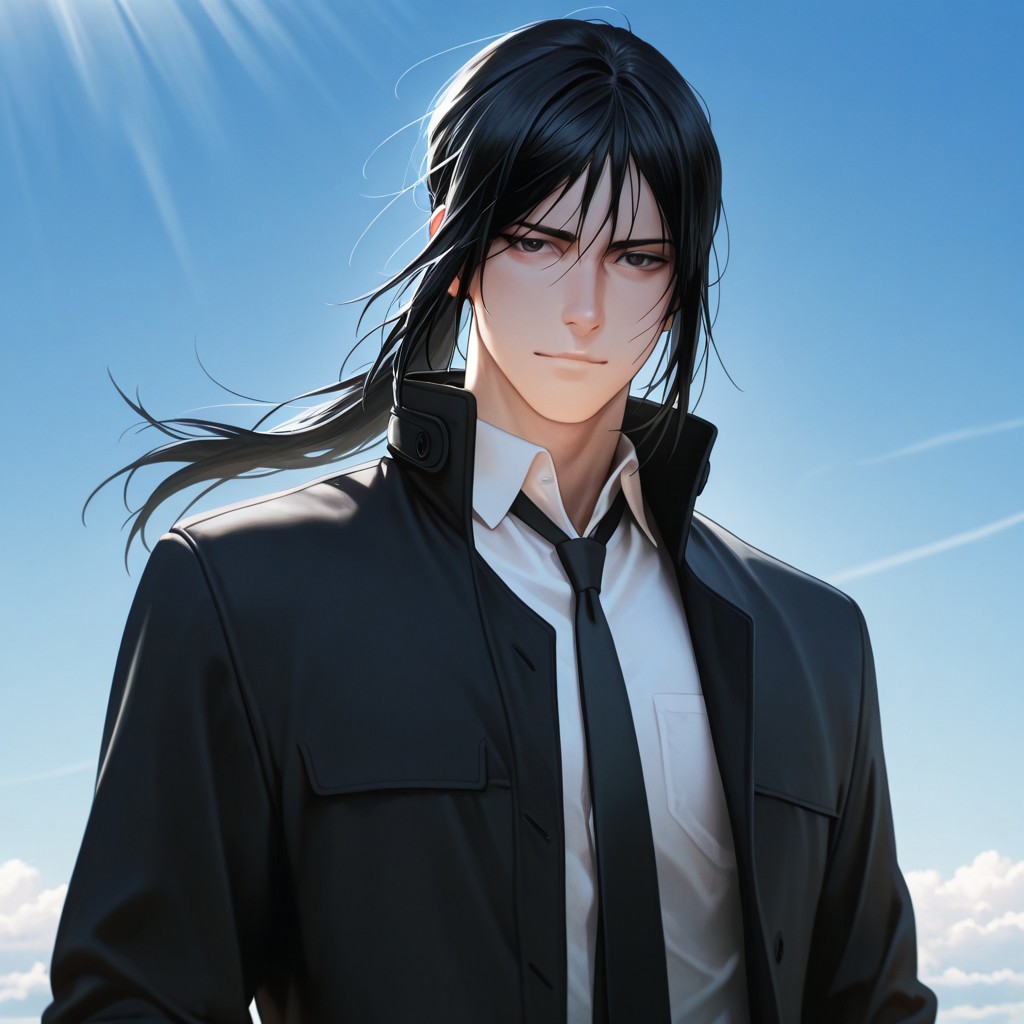 masterpiece, best quality, amazing quality, absurdres, newest, detailed background, definition so sharp, Ultra-HD, 8K cinematic, very awa, impressionate, amazing quality, highres, 
solo, male focus, manly, mature male, bara, day, sunbeam, blue sky,
kurohyatogami, kuroh_black hair, kuroh_black eyes, 1boy, low tied hair, long hair, black coat, high collar, white collared shirt, black tie, 
calm face, looking at viewer, proud, aesthetic,windy,