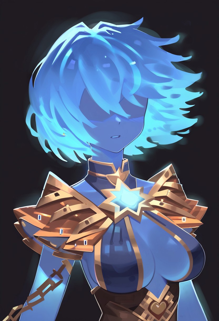 score_9, score_8_up, score_8, 1girl, portrait, skinny, vivid colors, (magical girl, mahou shoujo:1.3), short hair, steampunk dress, magical girl dress, simple black background, Novakin, faceless, no eyes, no mouth, no nose, no facial features, long fiery hair, body made of plasma, blue fiery hair, blue plasma, blue skin, retanime, pikaole, large breasts, cleavage, side-boob, BKSTL