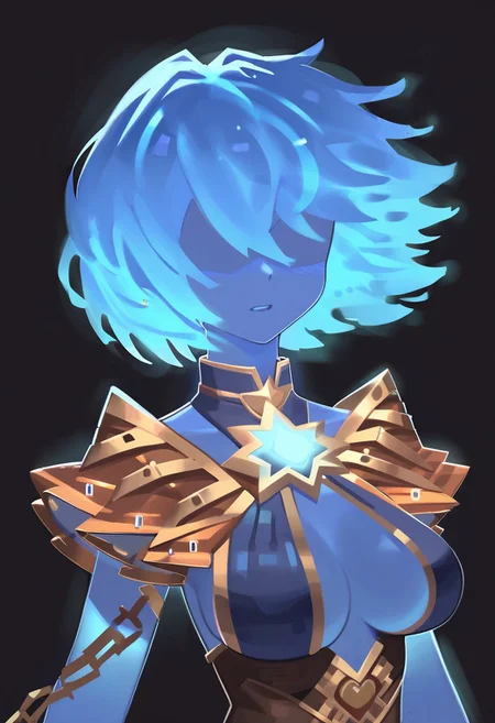 score_9, score_8_up, score_8, 1girl, portrait, skinny, vivid colors, (magical girl, mahou shoujo:1.3), short hair, steampunk dress, magical girl dress, simple black background, Novakin, faceless, no eyes, no mouth, no nose, no facial features, long fiery hair, body made of plasma, blue fiery hair, blue plasma, blue skin, retanime, pikaole, large breasts, cleavage, side-boob, BKSTL