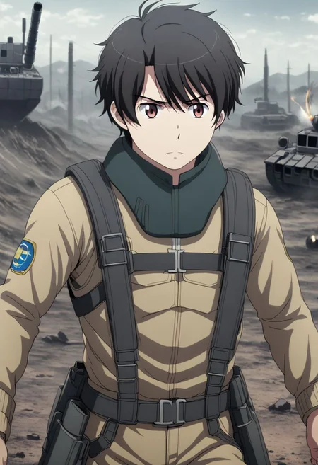 high resolution, solo, best quality, 1Boy, Inaho Kaizuka, Black Hair, military, action, OverallDetail