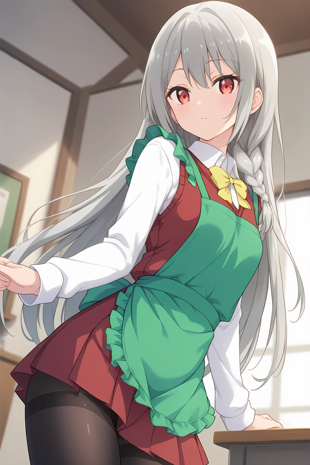 (green apron school uniform red vest white short long sleeves red skirt black pantyhose:1.40), ig-maidena, grey hair, red eyes, 1girl, solo, skinny, score_9, score_8_up, score_8, score_7_up, score_7, score_6_up, score_6, score_5_up, score_5, source_anime, (horny:1.10), living room, (:1.20), (:1.20), , <lora:ig-maidena-V01:0.60> small breasts, long hair, single braid