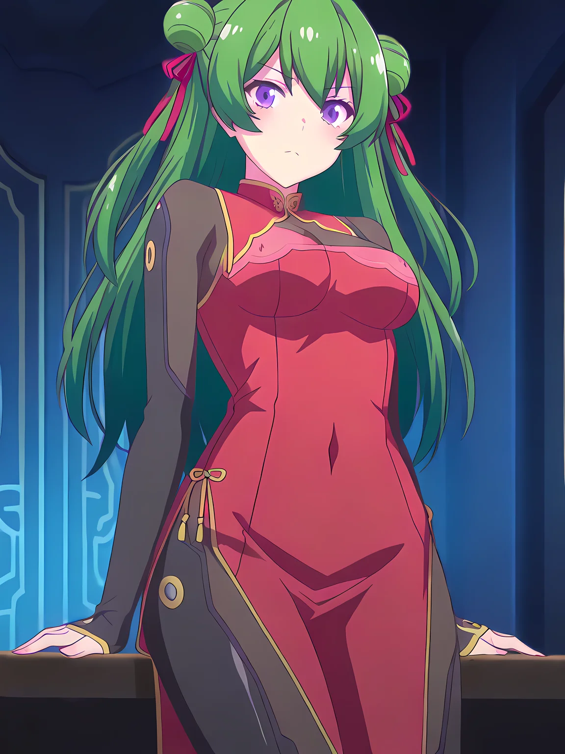 (masterpiece, very aesthetic, absurdres, best quality, high quality, cinematic shadow:1.4), body blush,character focus,perfect hands,medium breasts,sidelocks,  cowboy shot, <lora:HandFixer_pdxl_Incrs_v1:1> handfixer,looking at viewer,<lora:StS-Illustrious-Detail-Slider-v1.0:3>,  <lora:bai:1>,bai, long hair, green hair, bangs,double bun,hair ribbon, purple eyes,
baiagentdress,china dress,cleavage,see-through clothes, black bodysuit,see-through bodysuit,   sleeves past wrists,red dress,sitting, side slit, ribbon,panty peek,