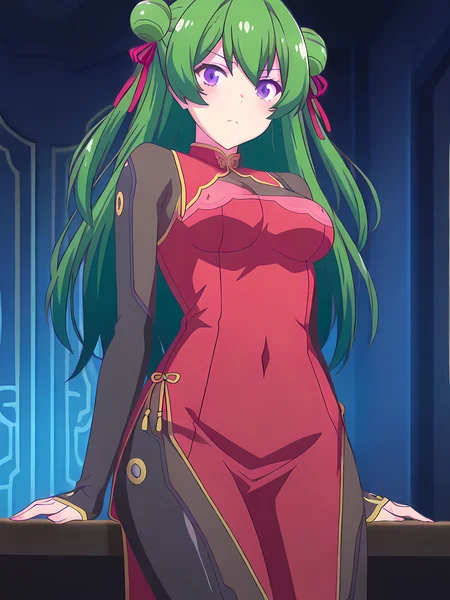 (masterpiece, very aesthetic, absurdres, best quality, high quality, cinematic shadow:1.4), body blush,character focus,perfect hands,medium breasts,sidelocks, cowboy shot, <lora:HandFixer_pdxl_Incrs_v1:1> handfixer,looking at viewer,<lora:StS-Illustrious-Detail-Slider-v1.0:3>, <lora:bai:1>,bai, long hair, green hair, bangs,double bun,hair ribbon, purple eyes,
baiagentdress,china dress,cleavage,see-through clothes, black bodysuit,see-through bodysuit, sleeves past wrists,red dress,sitting, side slit, ribbon,panty peek,