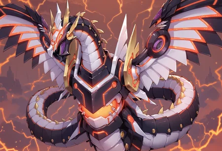 (score_9:0.9),score_8_up,score_7_up,rating_safe,(zPDXL3),
<lora:Cyber Dragon Infinity ponyXL v1.12:0.74>,
cyber dragon infinity,glowing,solo,science fiction,electricity,looking at viewer,mecha dragon,spread wings,flying,red lightning,no iris,no pupils,red glowing mecha eyes,