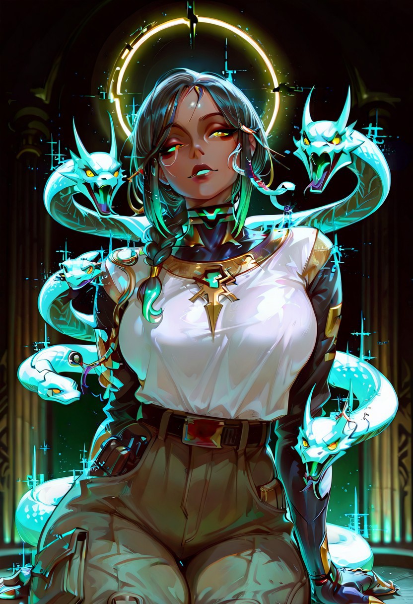 Rating_sfw, mature woman,dynamic hands hacking pose, cyberwear, cyberpunk, humanoid , cybernetic enhancement, serpent themed , oversized clothes, cargo pants, dark clear skin, Egyptian themed lap, ((cute face)), innocent face, pretty face, eyes, detailed eyes, long eyelashes, eyeliner, gorgon,glitching hair, ,(( single braid )) (ar-glitch holographic Snake hair, snake, snake_hair,)) , , eyes, glowing snake, charismatic, curvy, aesthetic, ((perfectly robotic hair, snake hair)), thick lips, full lips, skinny, (slim build), small waist, big breasts,, beautiful detailed face, small face, beautifully complex colored iris, ), enchanting, looking at the viewer,