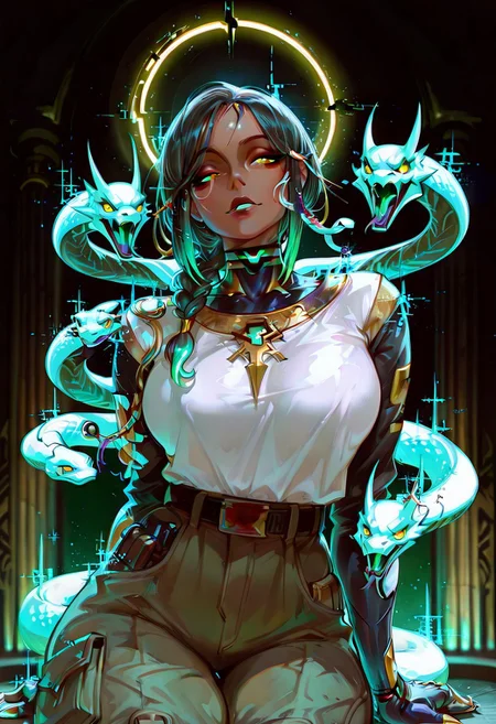 Rating_sfw, mature woman,dynamic hands hacking pose, cyberwear, cyberpunk, humanoid , cybernetic enhancement, serpent themed , oversized clothes, cargo pants, dark clear skin, Egyptian themed lap, ((cute face)), innocent face, pretty face, eyes, detailed eyes, long eyelashes, eyeliner, gorgon,glitching hair, ,(( single braid )) (ar-glitch holographic Snake hair, snake, snake_hair,)) , , eyes, glowing snake, charismatic, curvy, aesthetic, ((perfectly robotic hair, snake hair)), thick lips, full lips, skinny, (slim build), small waist, big breasts,, beautiful detailed face, small face, beautifully complex colored iris, ), enchanting, looking at the viewer,