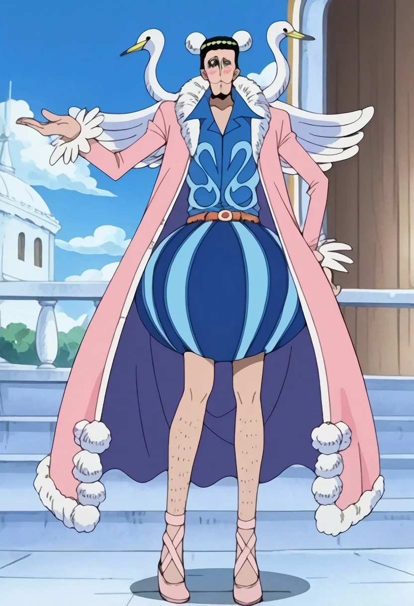 score_9, score_8_up, score_7_up, source_anime, rating_safe, BonOP, black_Bon_hair, Bon_makeup, black eyes, 1boy, male focus, anime screencap, pink_Bon_fur-trimmed coat, blue_Bon_shirt, Bon_swans, green_Bon_circlet, white_Bon_hair buns, red-yellow_Bon_belt, blue_Bon_skirt, light pink_Bon_slippers,