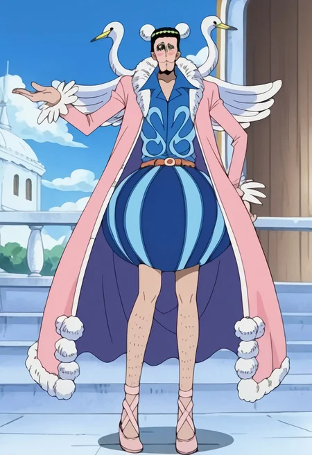 score_9, score_8_up, score_7_up, source_anime, rating_safe, BonOP, black_Bon_hair, Bon_makeup, black eyes, 1boy, male focus, anime screencap, pink_Bon_fur-trimmed coat, blue_Bon_shirt, Bon_swans, green_Bon_circlet, white_Bon_hair buns, red-yellow_Bon_belt, blue_Bon_skirt, light pink_Bon_slippers,