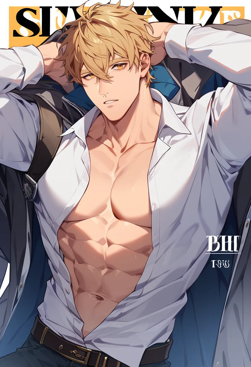 score_9,score_8_up,score_7_up,1boy,solo,yaoi,bara,male focus,fairly nsfw,uncersored,highres,best quality,amazing quality,best aesthetic,absurdres,<lora:add-detail-xl:1>,<lora:quincy:0.6>,quincy,hair between eyes,parted lips, magazine cover, cowboy shot, open clothes, white shirt, arms up,