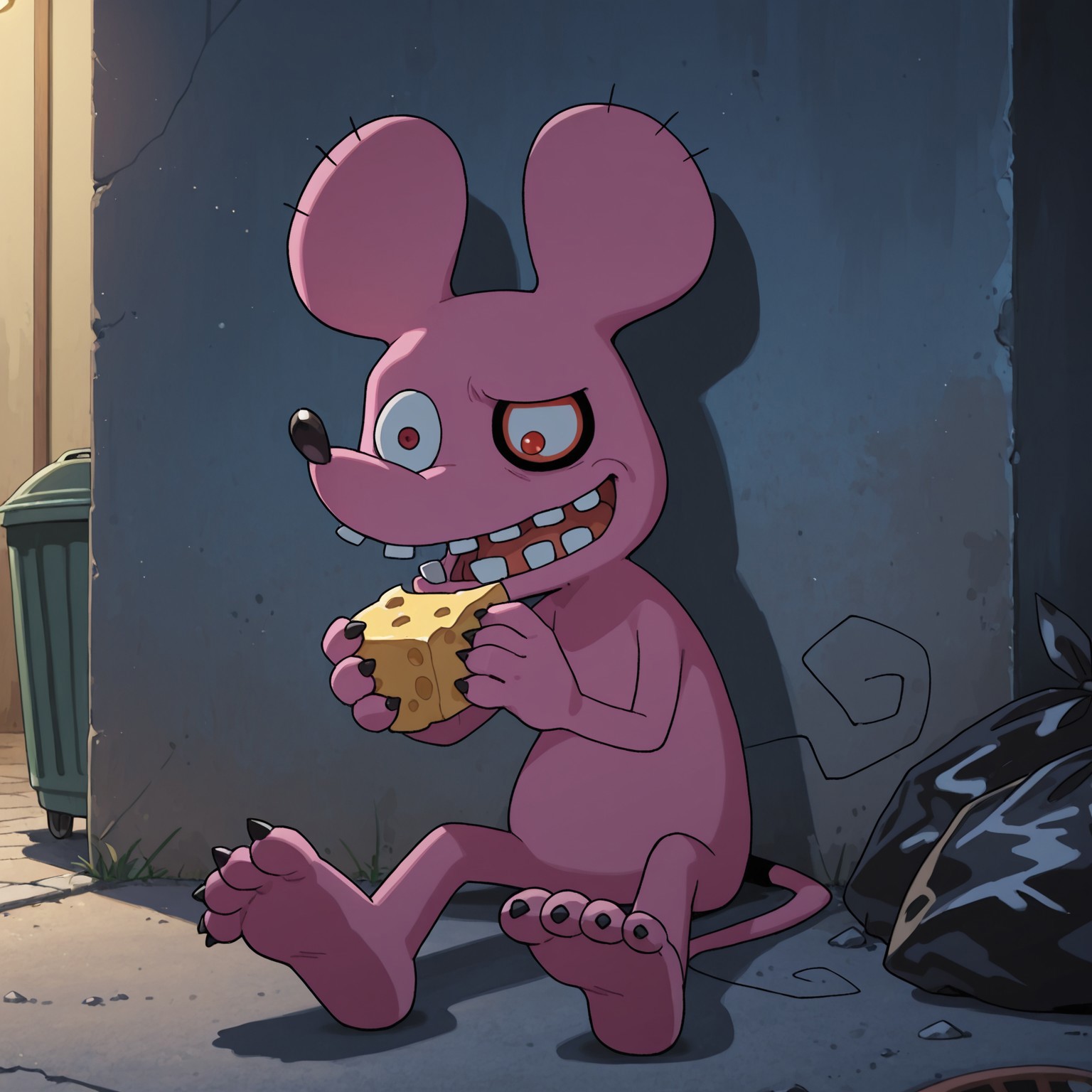 2d, Solo, Chuumon, Digimon (creature), rat, Pink fur, black nose, white sclera, black eye, red eye, heterochromia, black claws, toe claws, tail, teeth, 

BREAK sitting, against wall, outside, alleyway, trash cans, trash bags, grinning, holding cheese, cheese wedges, night,

BREAK best quality, amazing quality, very aesthetic, absurdres, newest, masterpiece 