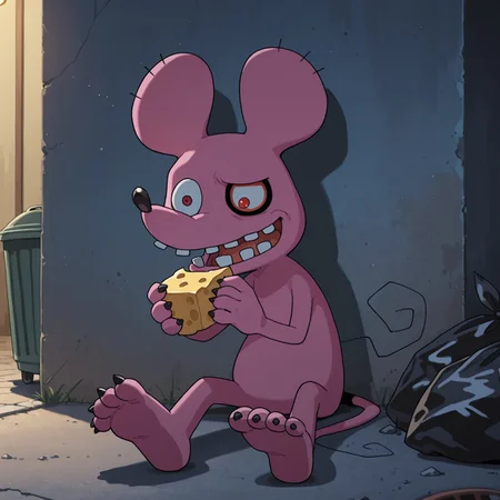 2d, Solo, Chuumon, Digimon (creature), rat, Pink fur, black nose, white sclera, black eye, red eye, heterochromia, black claws, toe claws, tail, teeth,
BREAK sitting, against wall, outside, alleyway, trash cans, trash bags, grinning, holding cheese, cheese wedges, night,
BREAK best quality, amazing quality, very aesthetic, absurdres, newest, masterpiece