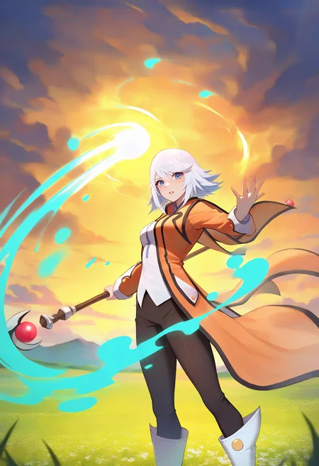 masterpiece, best quality, 1girl, holding, staff, parted lips, looking at viewer, magic, casting spell, <lora:RaineToS-illu:1> defRne, white hair, short hair, blue eyes, orange coat, medium breasts, white shirt, long sleeves, black pants, boots, white footwear, field, cloud