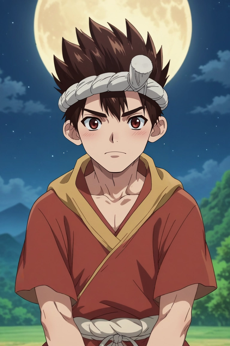 score_9, score_8_up, score_7_up, source_anime, rating_safe, , anime screencap, , , looking at viewer, depth of field, 1boy, solo, male focus, <lora:chrome_dr_stone_pony:0.84>, chrome_dr_stone, brown hair, brown eyes, short hair, spiked hair, headband, focused, mountain, night, full moon, v arms, shy, blush, , <lora:sdxl_lightning_8step_lora:1>