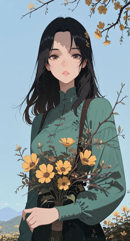 masterpiece, best quality, good quality, newest, highres, absurdres, 1girl, solo, long hair, looking at viewer, shirt, black hair, long sleeves, holding, brown eyes, upper body, flower, outdoors, parted lips, sky, day, blue sky, lips, yellow flower, green shirt, bouquet, holding flower, branch, parted hair, Flatline, Flat vector illustration,
klaus_style, <lora:illustriousXL_stabilizer_v1.23:0.3> <lora:NOOB_vp1_detailer_by_volnovik_v1:0.3> <lora:ponyv6_noobE11_2_adamW-000017:0.3> <lora:mon_monmon2133:0.7> <lora:checkpoint-e18_s306:1.3> <lora:klaus:0.5>