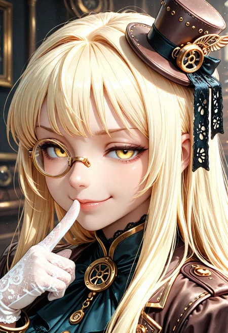 SmoothNoob_Quality, steampunk. portrait, 1girl, face close-up, yellow eyes, thick lineart, sharp edges, cel shading, linear hatching, film grain, high contrast, duotone, monocle, mini top hat, smug, lace gloves, white gloves, gold trim, finger to mouth, <lora:Smooth_SteamPunk:0.8>