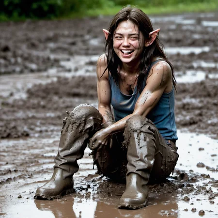 brunette cindyelfxl <lora:cindyelfxl:0.7> large pointed:2 ears side view, Cindy jumping and splashing in ankle-deep mud, laughing, muddy, covered in mud, dirty