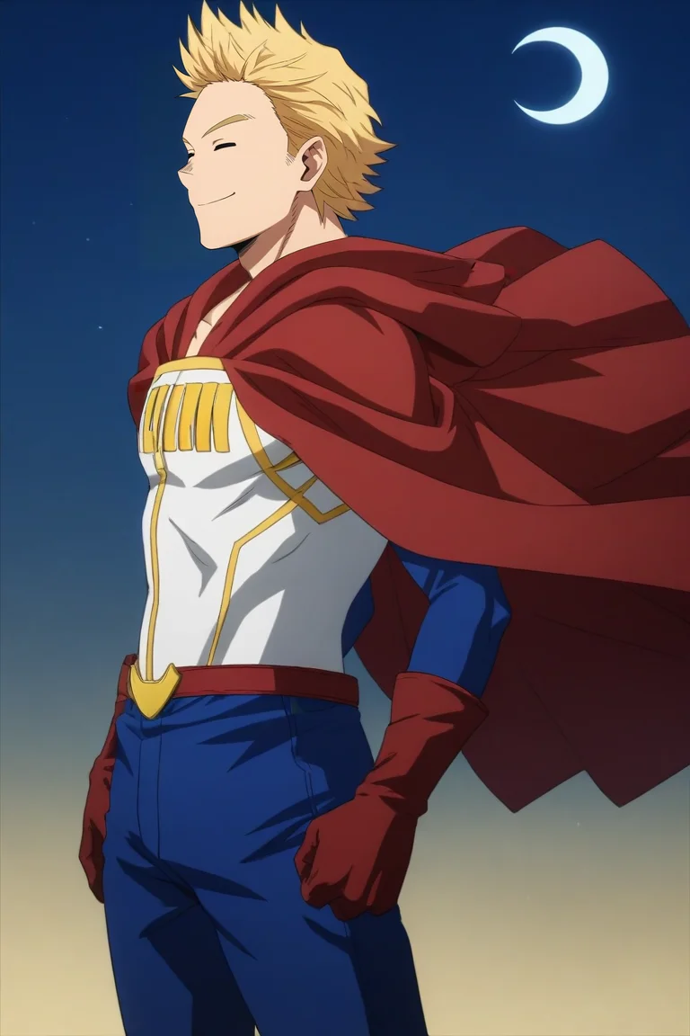 score_9, score_8_up, score_7_up, source_anime, rating_safe, intricate details, (photorealistic:0.6), looking at viewer, , 1boy, solo, male focus, <lora:mirio_toogata_pony:0.8>, mirio_toogata, blonde hair, blue eyes, short hair, spiked hair, bodysuit, superhero, red cape, cowboy shot, school, night, crescent moon, looking back, (closed eyes:1.2), smile, , <lora:sdxl_lightning_8step_lora:1>
