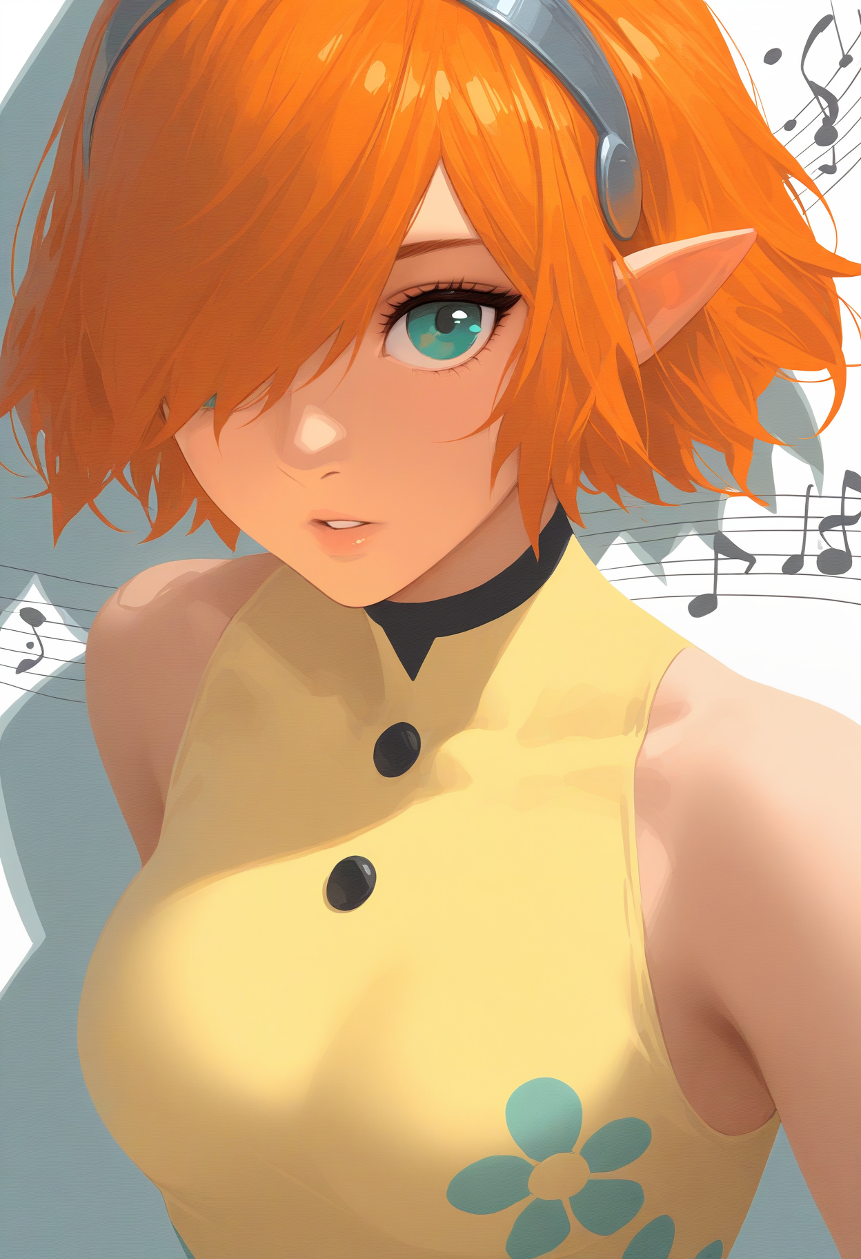 masterpiece, best quality, 1girl, close-up, parted lips, looking at viewer, no lineart, flat color, high contrast, drop shadow, sparkle, oil painting \(medium\), <lora:GallicaMR-illu:1> dfGall, orange hair, short hair, hair over one eye, aqua eyes, pointy ears, grey hairband, medium breasts, two-tone leotard, yellow leotard, covered collarbone, floral print, buttons, sleeveless, abstract background, musical note