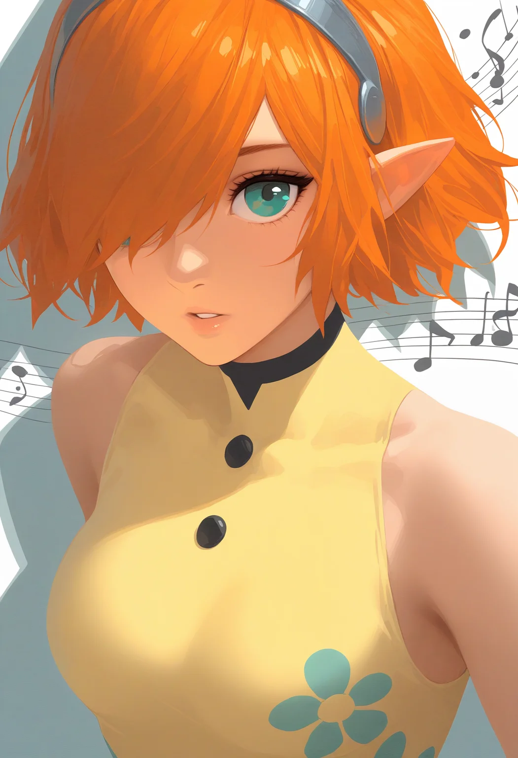 masterpiece, best quality, 1girl, close-up, parted lips, looking at viewer, no lineart, flat color, high contrast, drop shadow, sparkle, oil painting \(medium\), <lora:GallicaMR-illu:1> dfGall, orange hair, short hair, hair over one eye, aqua eyes, pointy ears, grey hairband, medium breasts, two-tone leotard, yellow leotard, covered collarbone, floral print, buttons, sleeveless, abstract background, musical note