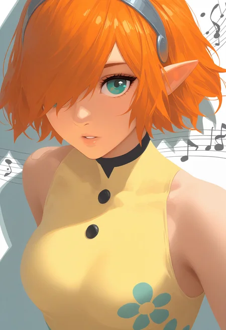 masterpiece, best quality, 1girl, close-up, parted lips, looking at viewer, no lineart, flat color, high contrast, drop shadow, sparkle, oil painting \(medium\), <lora:GallicaMR-illu:1> dfGall, orange hair, short hair, hair over one eye, aqua eyes, pointy ears, grey hairband, medium breasts, two-tone leotard, yellow leotard, covered collarbone, floral print, buttons, sleeveless, abstract background, musical note
