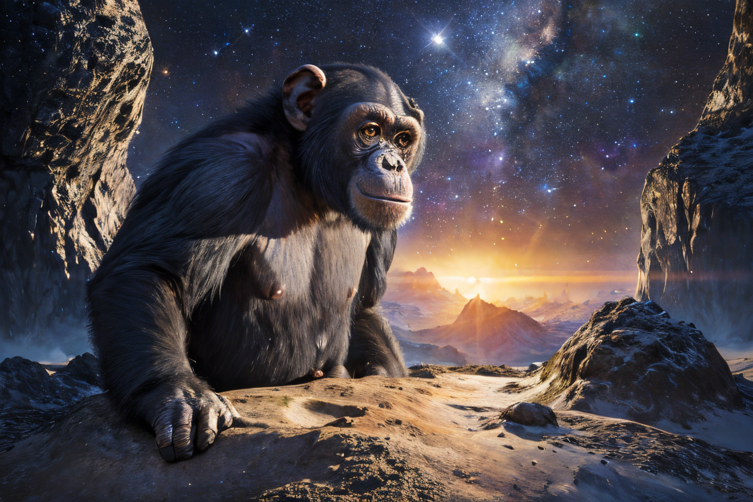 space landscape (masterpiece, best quality:1.2), ultra-detailed, EdobChimpanzee chimpanzee, (realistic:1.5), <lora:EdobChimpanzee_v1.0:0.6>  <lora:SyFyEye1_v1.0:0.6>