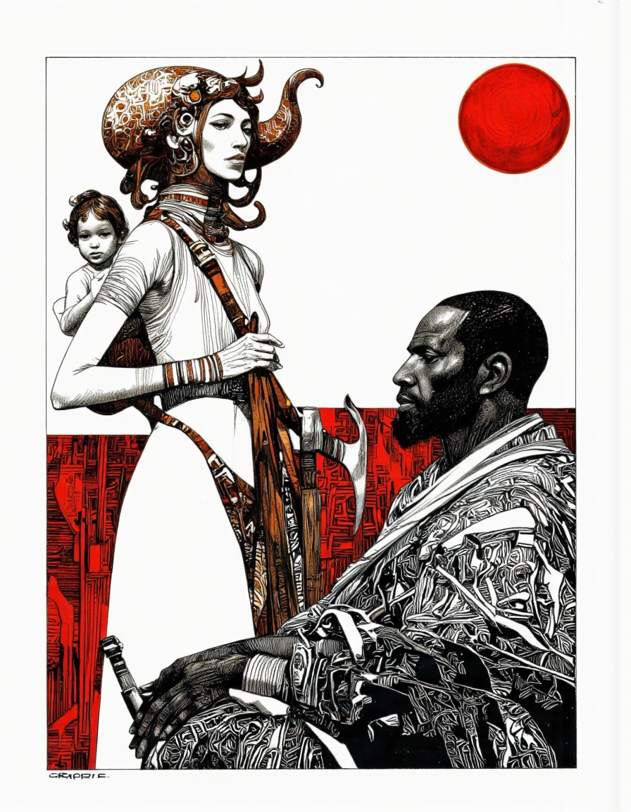 Art by Sergio Toppi. A black and white drawing of a stylized illustration depicting two figures, one standing and one seated, against a white background with a red geometric pattern. The central figure, a woman with a long, curved horn-shaped headdress and a slender physique, stands on the left side of the image, carrying a child on her back. The woman has a serene expression and is facing away from the viewer, while the seated figure is a man positioned on the right side, facing the viewer with a calm, contemplative expression. The man has short, dark hair and a beard, and wears traditional dark-skinned attire with intricate patterns. An axe is near his right hand and he has a serious expression on his face. The background features a large, bright red sun in the upper right corner, adding a sense of brightness and contrast to the otherwise monochrome image.
