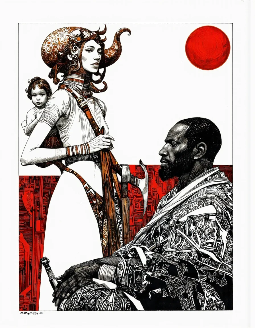 Art by Sergio Toppi. A black and white drawing of a stylized illustration depicting two figures, one standing and one seated, against a white background with a red geometric pattern. The central figure, a woman with a long, curved horn-shaped headdress and a slender physique, stands on the left side of the image, carrying a child on her back. The woman has a serene expression and is facing away from the viewer, while the seated figure is a man positioned on the right side, facing the viewer with a calm, contemplative expression. The man has short, dark hair and a beard, and wears traditional dark-skinned attire with intricate patterns. An axe is near his right hand and he has a serious expression on his face. The background features a large, bright red sun in the upper right corner, adding a sense of brightness and contrast to the otherwise monochrome image.