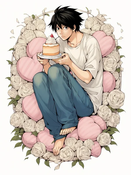 score_9, score_8_up, score_7_up, score_6_up, score_5_up, <lora:d34thn0t3XLP:0.9> d34thn0t3, 1boy, L, jeans, barefoot, black hair, solo, holding cake slice