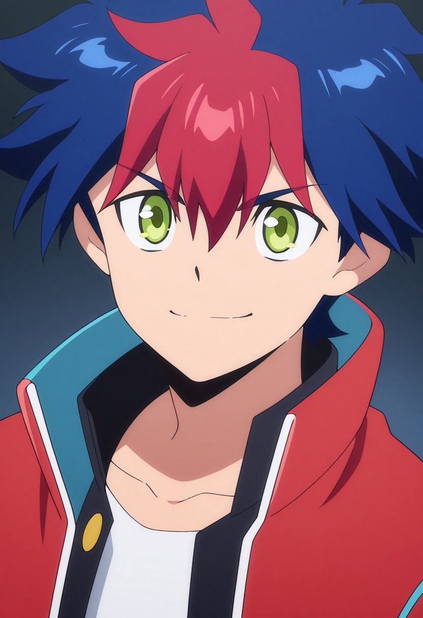 masterpiece,best quality,amazing quality, source_anime,
RaitoTenryu, 1boy, male focus, solo, green eyes, multicolored hair, blue hair, red hair, gakuran, shirt, white shirt, jacket, red jacket, open jacket, smile, determined, portrait,