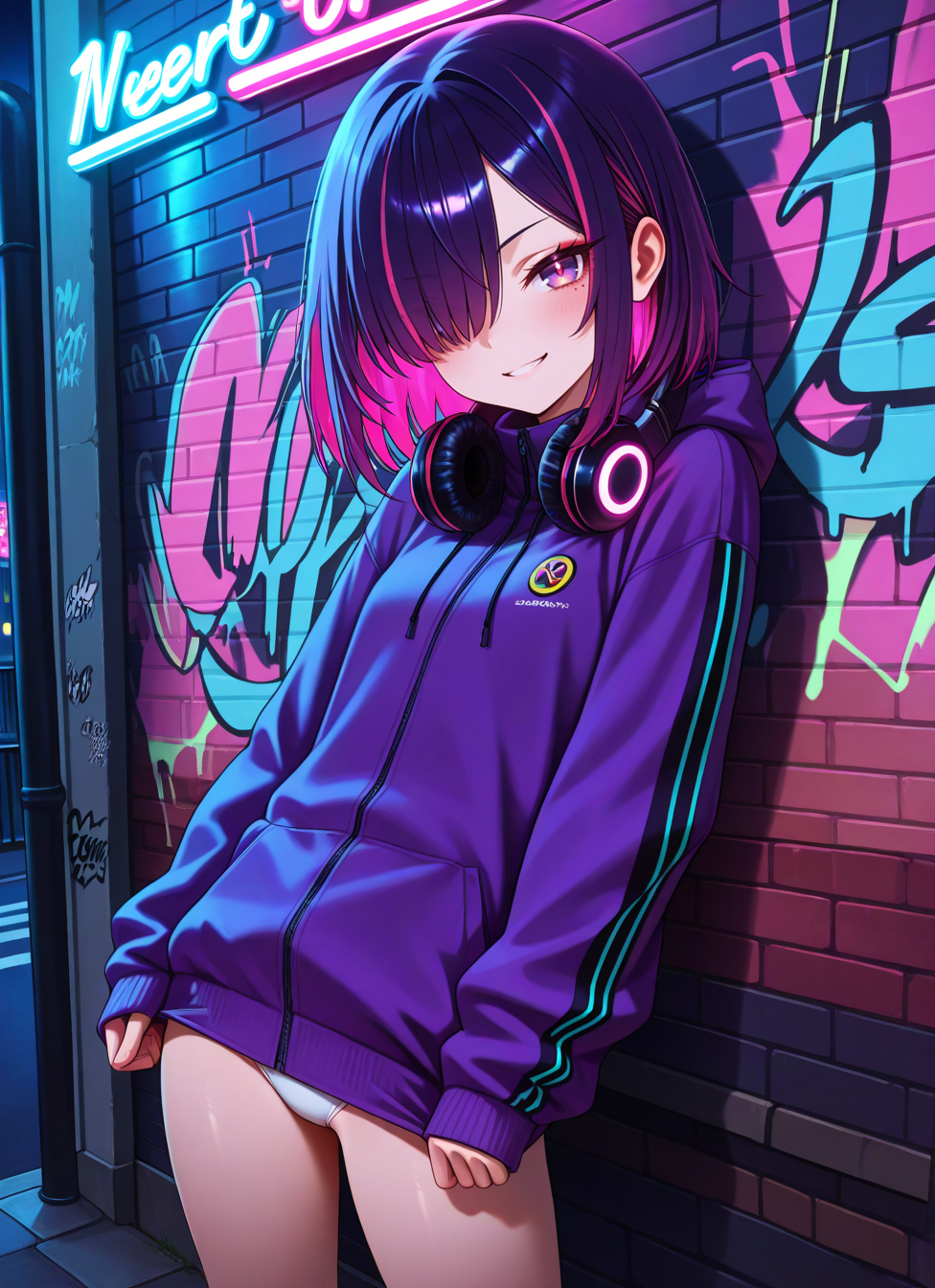 1girl, solo, white panties peek, petite, eyelashes, (beautiful eyes), zzDot, purple eyes, hair over one eye, medium hair, multicolored hair, pink hair, purple hair, streaked hair, purple jacket, headphones around neck, long sleeves, sleeves past wrists, urban background, city lights, graffiti wall, dynamic pose, leaning against wall, night, moody lighting, solo, cool expression â Under the glow of flickering street lamps, zzDot leans casually against a graffiti-covered wall, her purple jacket pulled tight against the cool night air. Strands of pink and purple hair fall over one eye, the vibrant streaks glowing subtly under the cityâs neon lights. Her purple eyes scan the street with a calm intensity, framed by long lashes and a faint smirk that hints at quiet confidence. The headphones around her neck glint with metal accents, catching reflections from passing headlights. Her oversized sleeves slip past her wrists, adding to her effortlessly cool aesthetic. The distant hum of traffic mixes with the soft pulse of a bassline in the air, as the urban landscape wraps around her like a second skin. This is her worldâbold, electric, and unapologetically hers., <BREAK> , masterpiece, amazing quality, best quality, ultra-detailed, 8K, illustration, CG, anime coloring,