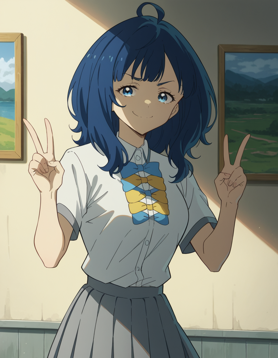 score_9, score_8_up, score_7_up, source_anime, <lora:anna-yanami-s1-ponyxl-lora-nochekaiser:1>, anna yanami, medium hair, blue eyes, ahoge, blue hair, medium breasts, skirt, shirt, bow, school uniform, white shirt, short sleeves, pleated skirt, bowtie, yellow bow, grey skirt, yellow bowtie, blue bow, blue bowtie,, museum, art exhibit, paintings, observing, quiet contemplation, cultural experience, smile, , v, v over mouth, smug,, solo,, cowboy shot, dutch angle
