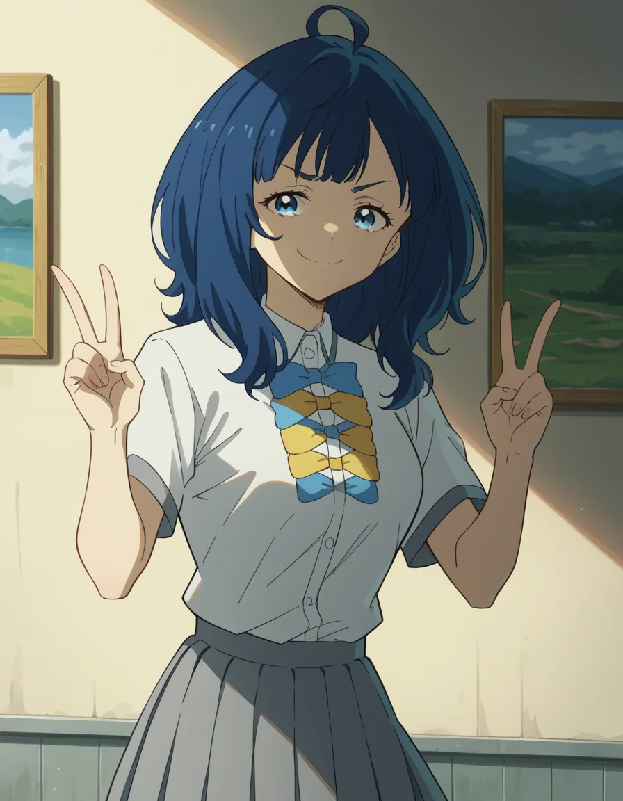 score_9, score_8_up, score_7_up, source_anime, <lora:anna-yanami-s1-ponyxl-lora-nochekaiser:1>, anna yanami, medium hair, blue eyes, ahoge, blue hair, medium breasts, skirt, shirt, bow, school uniform, white shirt, short sleeves, pleated skirt, bowtie, yellow bow, grey skirt, yellow bowtie, blue bow, blue bowtie,, museum, art exhibit, paintings, observing, quiet contemplation, cultural experience, smile, , v, v over mouth, smug,, solo,, cowboy shot, dutch angle