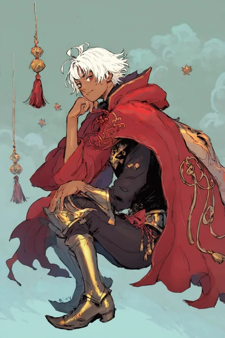 score_9, score_8_up, score_7_up, archer \(fate\), armored boots, black shirt, boots, cape, chinese knot, cropped jacket, dark-skinned male, dark skin, jacket, long sleeves, pants, red cape, red jacket, ribbon, shirt, short hair, tassel, waist cape, white hair, solo, solo focus, cowboy shot, detailed background, , Sitting with one hand on the chin, looking contemplative, <lora:godiva_color:1.3>