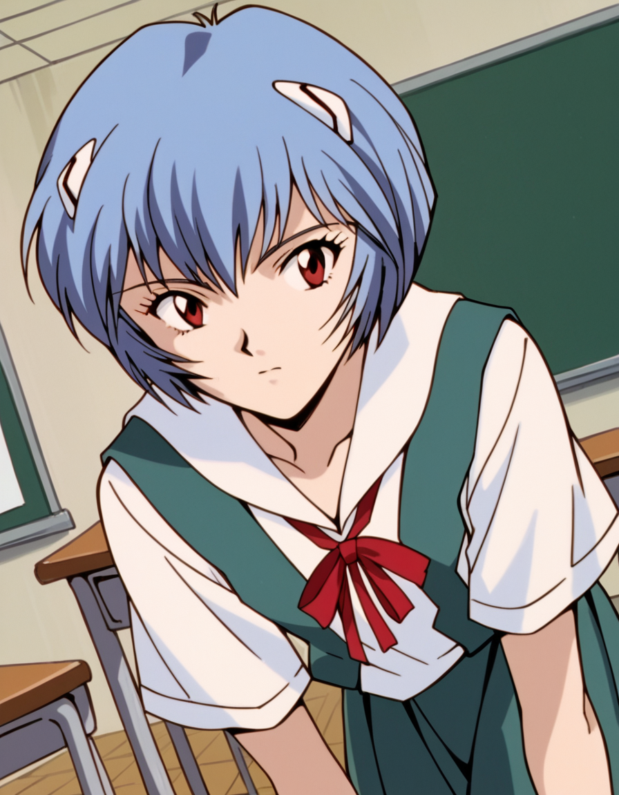 score_9, score_8_up, score_7_up, source_anime,
reiayanami,  <lora:rei-ayanami-classic-ponyxl-lora-nochekaiser:1>,
rei ayanami, ayanami rei, blue hair, short hair, red eyes,
skirt, shirt, ribbon, school uniform, white shirt, short sleeves, red ribbon, neck ribbon, tokyo-3 middle school uniform,
classroom, bent over,
cowboy shot, looking at viewer, solo, dutch angle,