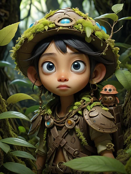 famous artwork (by leo hao:1.3), detailed expressive eyes, fantasy style, the cross-eyed Wartwup, a mischievous jungle dweller, covered in lingernering leaves and most often accompanied by the tiny bioluminescent musical snowwibble, it flunks among gnarled trees and the enchanted xodderflowers in the heart of the lush rearmorgled lands of planet carefuleverythingwantstoeatyouhere viii
 <lora:add-detail-xl:2>