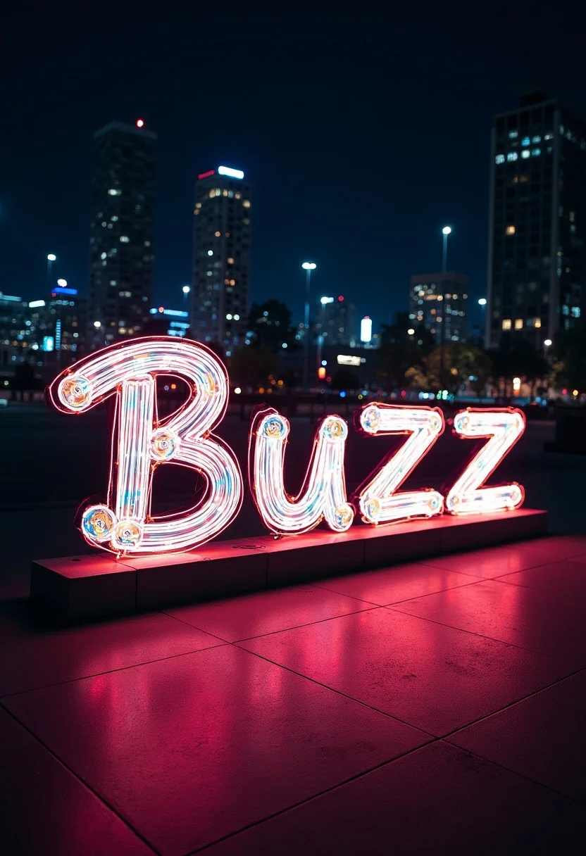 Light painting the word "Buzz" with colorful lights at night. The scene is professionally photographed in a city at night.