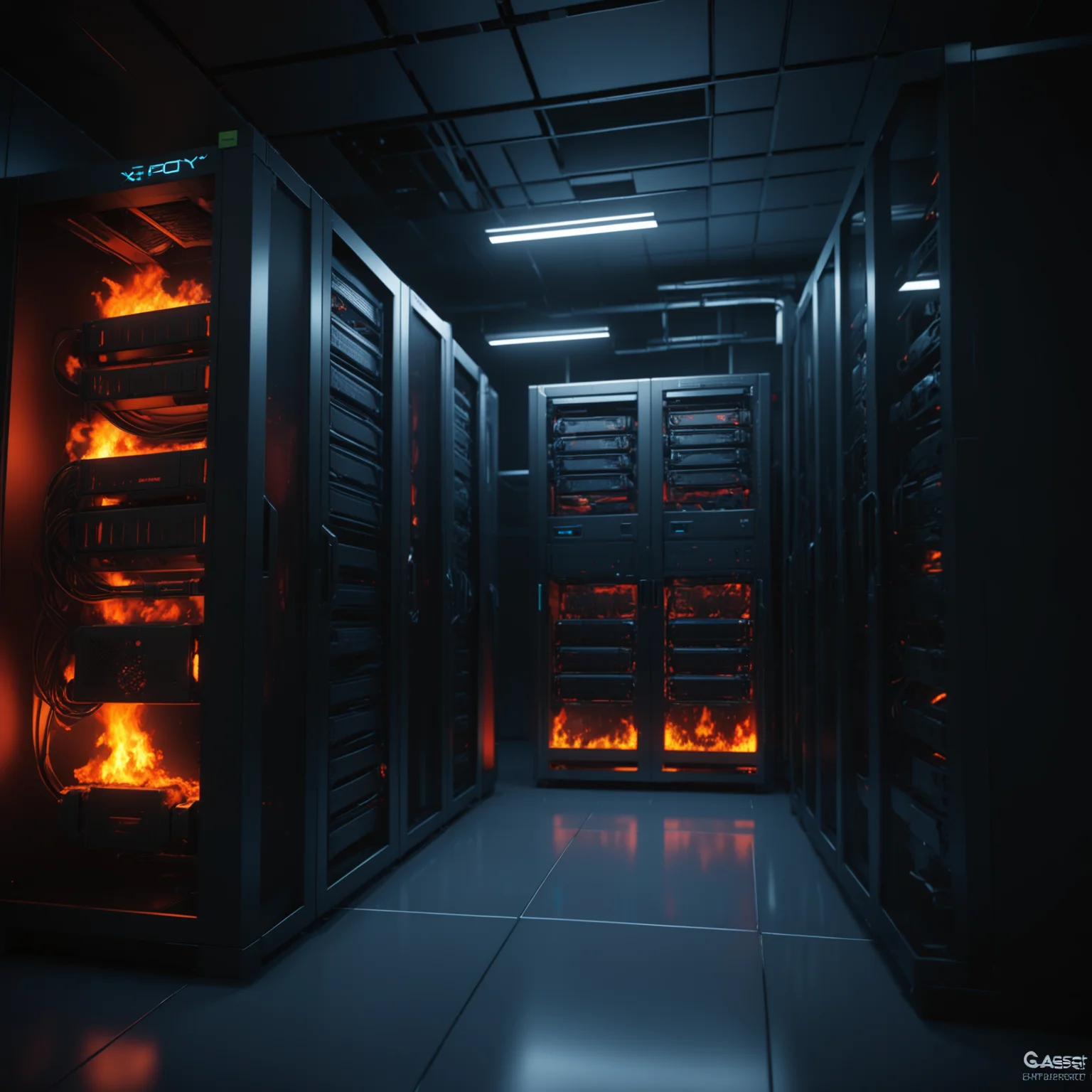 realistic looking, <lora:XSFQT_XLV03:0.5> XSFQT, <lora:R0y41_RealXL_V00:0.5> R0y41, realistic, raw photo, photorealistic, <lora:extremely_detailed:0.25> extremely detailed,<lora:add-detail-xl:0.25>, <lora:detailed_notrigger:0.25>, 
parallax datacenter server room on fire single mono colossus, artstation cinematic detailed concept art volumetric light sharp coherent cgsociety symmetric perfect, <lora:- SDXL - vanta-black_contrast_V3.0:1>