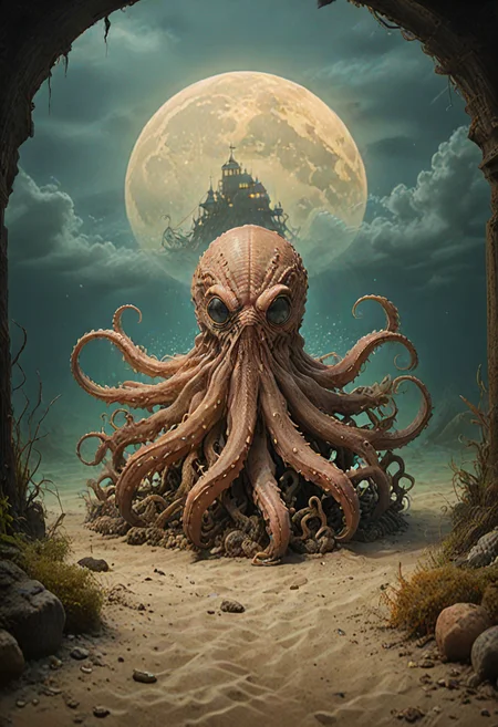 Nautical-themed a kraken emerging from dark shadows underwater, bioluminescent tattoos on kraken, harvest moon, ominous clouds, kraken ocean floor in the background, kraken multiple dull colors, <lora:- SDXL - vanta-black_contrast_V3.0:0.8> <lora:Happy_World:0.8> . Sea, ocean, ships, maritime, beach, marine life, highly detailed