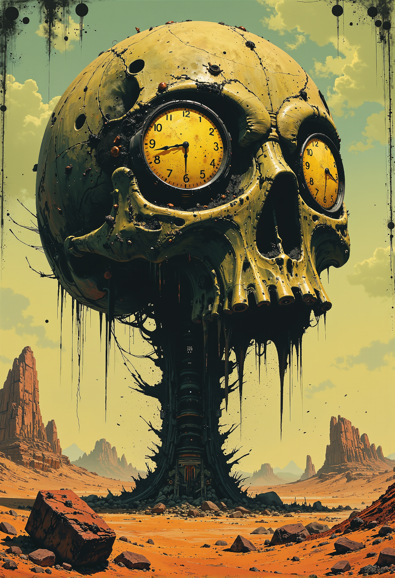 An abstract piece of art inspired by ZdzisÅaw BeksiÅski. The central focus is a giant, weathered skull with clocks embedded in its eye sockets. The clocks are intricately detailed, showing the hours with tiny figures representing each number from 1 to 12, as if tattooed or carved into the skullâs surface. The skull itself is heavily decorated with dark, surreal patterns and symbols, evoking a sense of decay and mystery. The background is a vast, barren desert landscape, its sands stretching endlessly under a haunting, pale sky. The eerie atmosphere and desolation of the scene reflect BeksiÅski's signature style, merging the grotesque with the surreal, evoking both awe and unease. <lora:artilands.safetensors:0.75>,  <lora:Luminous_Shadowscape-000016.safetensors:0.5>,