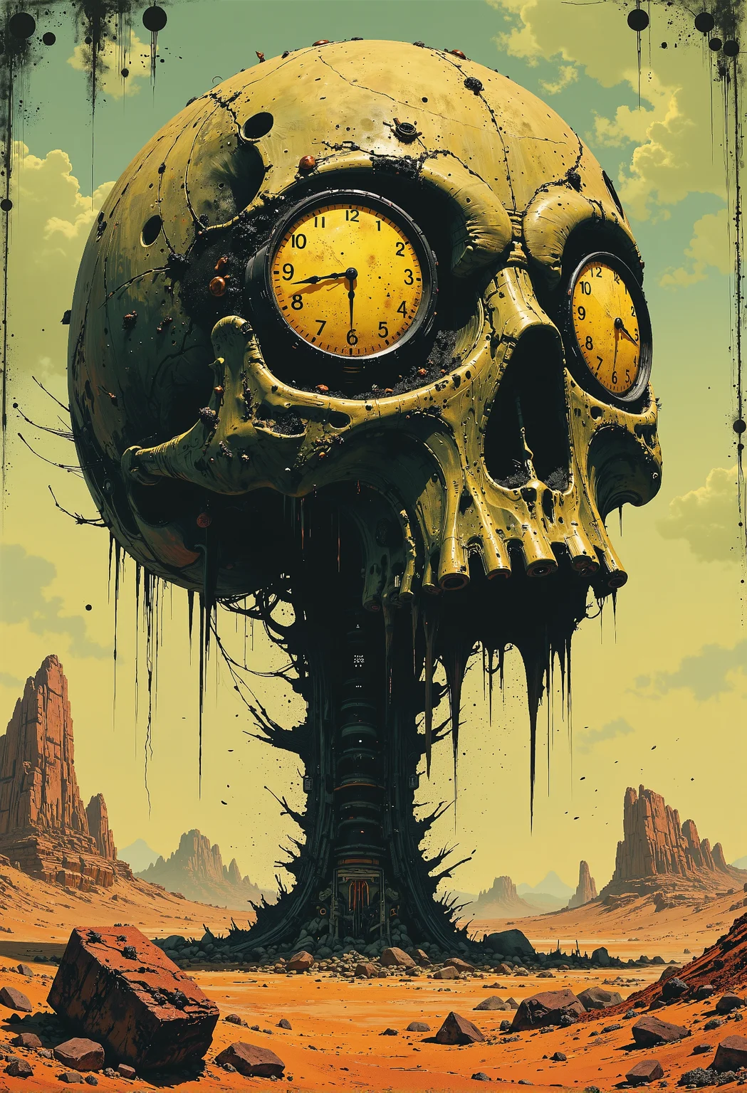 An abstract piece of art inspired by ZdzisÅaw BeksiÅski. The central focus is a giant, weathered skull with clocks embedded in its eye sockets. The clocks are intricately detailed, showing the hours with tiny figures representing each number from 1 to 12, as if tattooed or carved into the skullâs surface. The skull itself is heavily decorated with dark, surreal patterns and symbols, evoking a sense of decay and mystery. The background is a vast, barren desert landscape, its sands stretching endlessly under a haunting, pale sky. The eerie atmosphere and desolation of the scene reflect BeksiÅski's signature style, merging the grotesque with the surreal, evoking both awe and unease. <lora:artilands.safetensors:0.75>, <lora:Luminous_Shadowscape-000016.safetensors:0.5>,