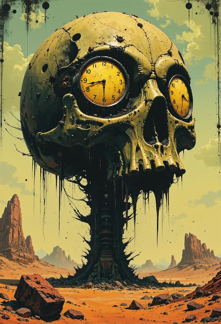 An abstract piece of art inspired by ZdzisÅaw BeksiÅski. The central focus is a giant, weathered skull with clocks embedded in its eye sockets. The clocks are intricately detailed, showing the hours with tiny figures representing each number from 1 to 12, as if tattooed or carved into the skullâs surface. The skull itself is heavily decorated with dark, surreal patterns and symbols, evoking a sense of decay and mystery. The background is a vast, barren desert landscape, its sands stretching endlessly under a haunting, pale sky. The eerie atmosphere and desolation of the scene reflect BeksiÅski's signature style, merging the grotesque with the surreal, evoking both awe and unease. <lora:artilands.safetensors:0.75>, <lora:Luminous_Shadowscape-000016.safetensors:0.5>,