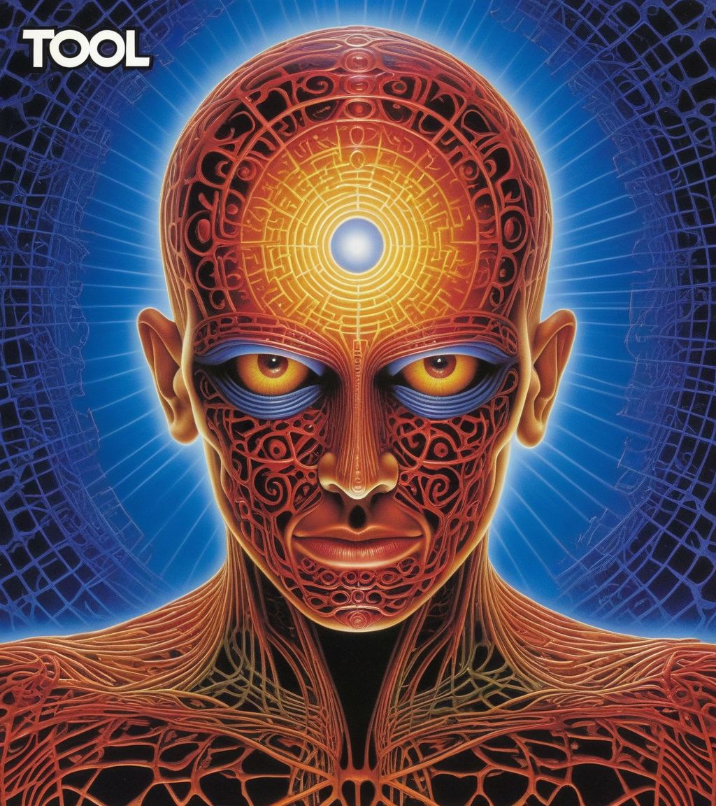 Tool Metal album cover, style by Alex Gray, (write text: "TOOL")